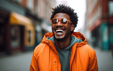 Obraz premium Ultra handsome young man, smiling and laughing, wearing bright clothes on the street. created by generative AI technology.