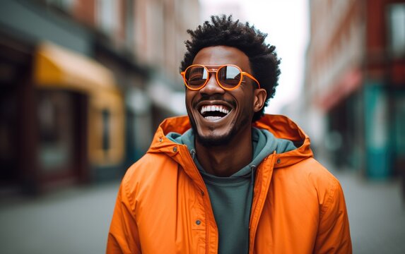Ultra handsome young man, smiling and laughing, wearing bright clothes on the street. created by generative AI technology.