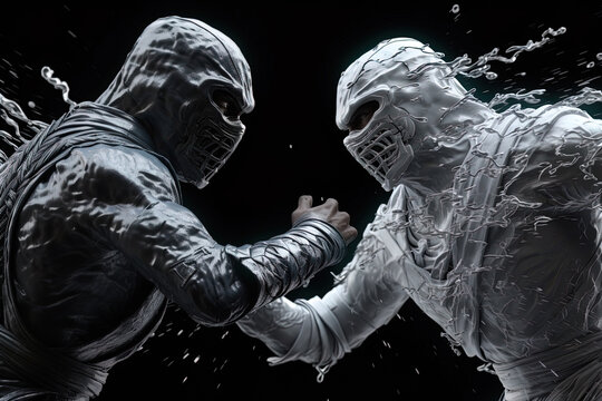 Black Ninja versus White Ninja in Combat. Generative AI