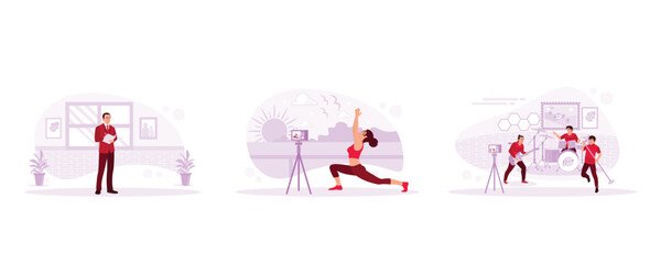 Creative ideas, brainstorming, female fitness vlogger, music blogger shooting online videos. Set Trend Modern vector flat illustration