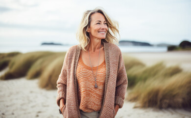 Portrait in the beach of a pleased 50 years old woman. 
