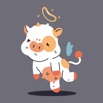 Cute baby cow with halo and angel wings vector cartoon character isolated on background.