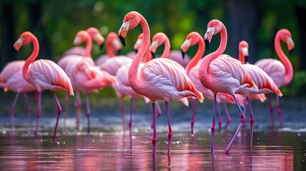  a group of pink flamingos standing in the water together.  generative ai