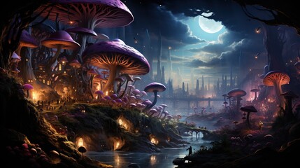  a painting of a fantasy landscape with mushrooms and a river.  generative ai