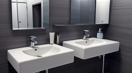 Naklejka na ściany i meble Contemporary Public Toilet Sinks with Mirrors: Modern and Functional Design. Generative AI.