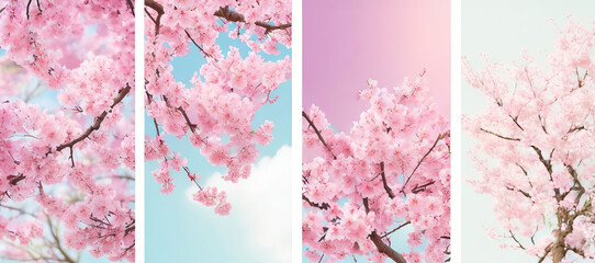 Vertical Sakura Flower Banners: White and Pink Blossoms Set for Stunning Spring Nature Backgrounds. 