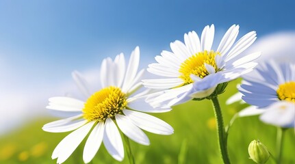 Charming Chamomile Wildflowers in Sunny Meadow: Picturesque Spring Nature Scene. 