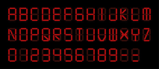 Vector Set: Red Digital Display Font with Alarm Clock Letters, Electronic Alphabet, Retro Calculator Symbols, LCD Monitor Characters, and Scoreboard Digits.