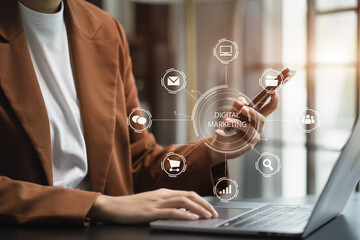 Digital marketing technology concept, Businesswomen use tablet and smartphone connection technology and digital marketing.