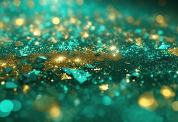 Teal green and gold abstract glitter bokeh background