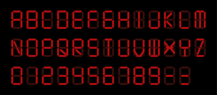Vector Set: Red Digital Display Font with Alarm Clock Letters, Electronic Alphabet, Retro Calculator Symbols, LCD Monitor Characters, and Scoreboard Digits.