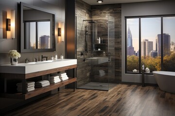 A bathroom showcasing gray walls, a convenient shower, a wood floor, and rustic wood built-ins, creating an inviting space. Photorealistic illustration, Generative AI