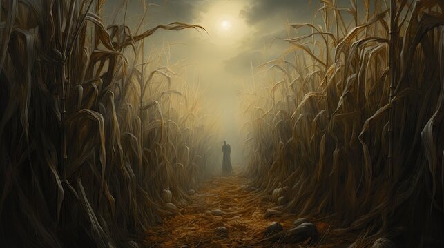  a painting of a person standing in a corn field at night.  generative ai