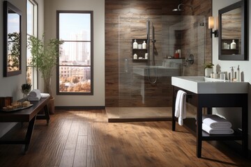A modern city apartment bathroom featuring a white interior complemented by wood furniture, with a shower booth encased in marble walls. Photorealistic illustration, Generative AI