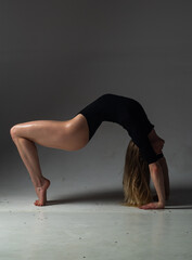 Beautiful woman dancer posing on gray studio background. Flexible sexy woman. Sensual Girl...