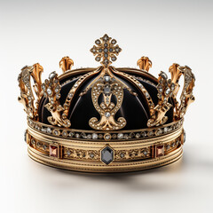 Photo of the queen's crown isolated on a plain background. Made of gold and decorated with precious stones.

