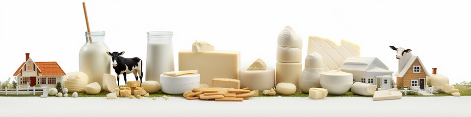 dairy products, cheese, milk, isolated on a white background long narrow panorama composition.