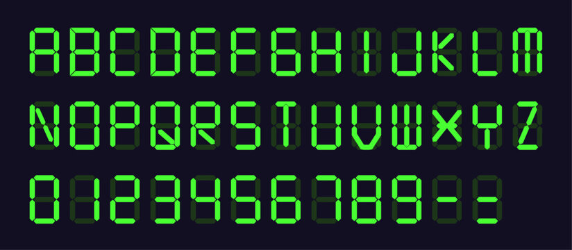 Vector Set: Green Digital Display Font with Alarm Clock Letters, Electronic Alphabet, Retro Calculator Symbols, LCD Monitor Characters, and Scoreboard Digits.