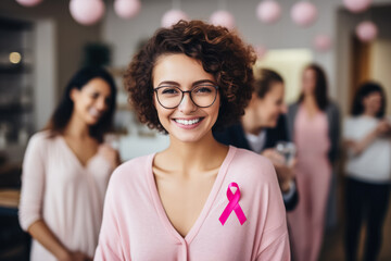 A brave woman smiling with her support group celebrating her victory over breast cancer  - obrazy, fototapety, plakaty