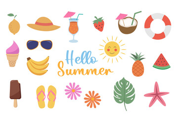 Set of summer icons hand-drawn vector illustration on a white background. 
