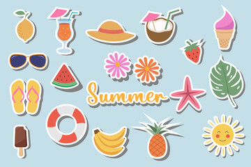 Set of summer icons sticker hand-drawn vector illustration on a white background. 