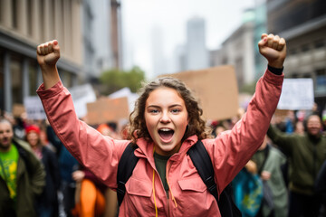 A determined activist holding a Save Our Planet sign at a climate change strike surrounded by a sea of passionate protesters 