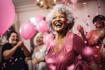 A woman dancing joyfully at a survivorship party celebrating life after conquering breast cancer empty space for text 