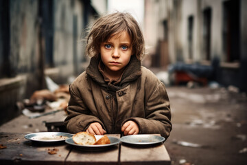 Hungry starving poor little child looking at the camera  - obrazy, fototapety, plakaty