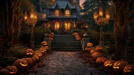  a house with a lot of pumpkins in front of it.  generative ai