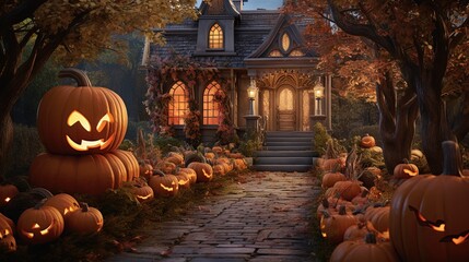  a halloween scene with pumpkins in front of a house.  generative ai