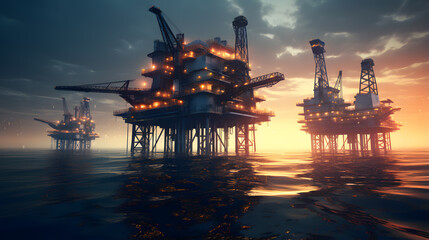 Oil platform in the ocean with the sun setting behind it Generative AI