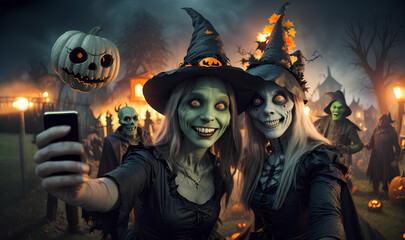 Two smiling witch girls taking selfies with their friends zombies, ghosts and other evil spirits in the cemetery, a fun and creepy halloween party.