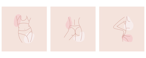 Woman parts. Female outline body in swimsuit or underwear elements. Hand drawn pastel pink minimal cards. Sexy skin and plus size female characters in bra and panties posters, vector isolated set