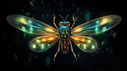 a bug with glowing wings on a black background with a green and yellow pattern.  generative ai