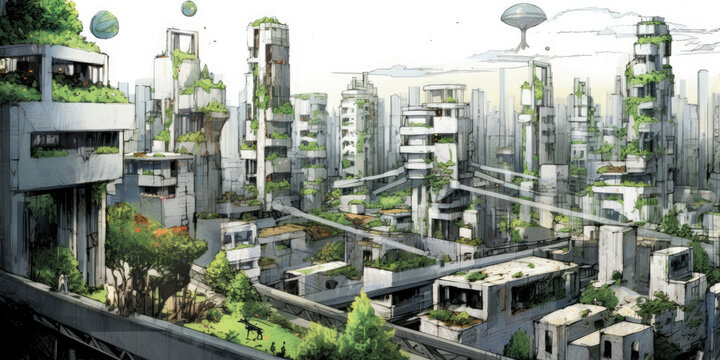paper sketch, This image showcases a futuristic,The city is characterized by its eco-friendly.