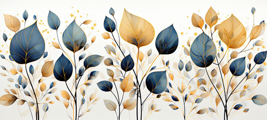 golden and blue tree leaves on white background. Great for wall art and home decor.