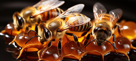 Close up view of the working bees on honeycells.generative ai