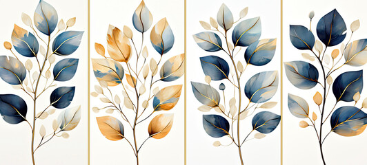 golden and blue tree leaves on white background. Great for wall art and home decor.generative ai