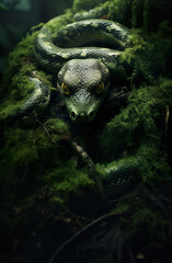 Snake is hiding in spooky forest realistic photo character generative AI illustration. Animals in the woods concept