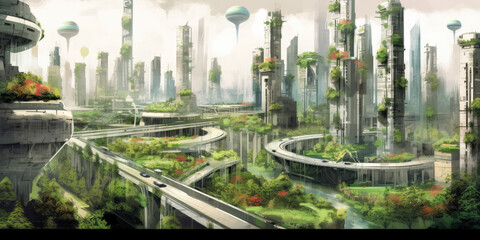 Naklejka premium paper sketch, This image showcases a futuristic,The city is characterized by its eco-friendly.