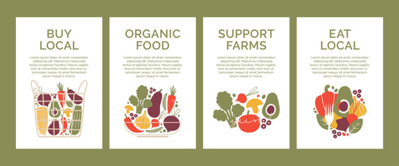 Set of banner templates with organic, healthy, vegan, local food. Eco bag, basket, bowl with fresh vegetables, veggies. Support local farmers, farms concept. Eat local. Flat cartoon vector clip arts.