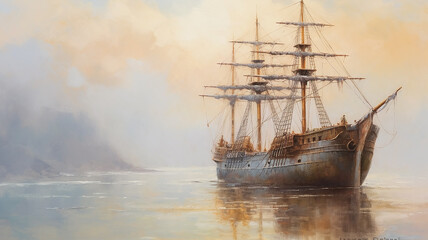 Fototapeta premium brigantine ship sailboat seascape drawing art.