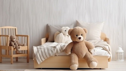 bear sitting on the bed in the children's room interior.