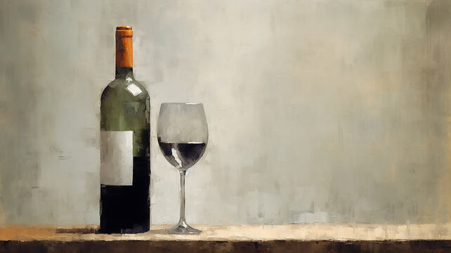 a bottle of wine and a glass of classic oil painting.