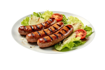 Grilled sausages and lettuce on plate isolated on transparent background. Generative Ai