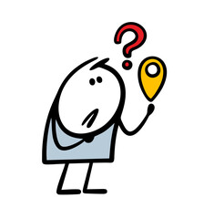 Cartoon stickman looks anxiously at the location sign and does not know where to go. Vector illustration of placemark and lost traveler.