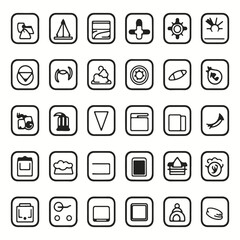 Outline icons set of travel app, black line, minimal, white background silhouette design.