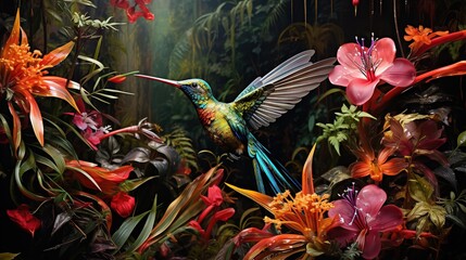  a painting of a hummingbird hovering over a flower garden.  generative ai