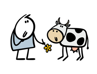 Cartoon stickman hands a flower to spotted cow on a farm. Vector illustration of farmer feeding an animal with grass and hay.