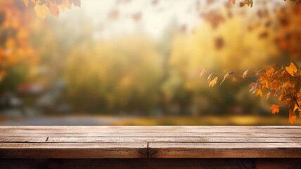 Naklejka na ściany i meble Wooden table and blurred autumn forest in a background, product display, food or drink montage, ai generative 